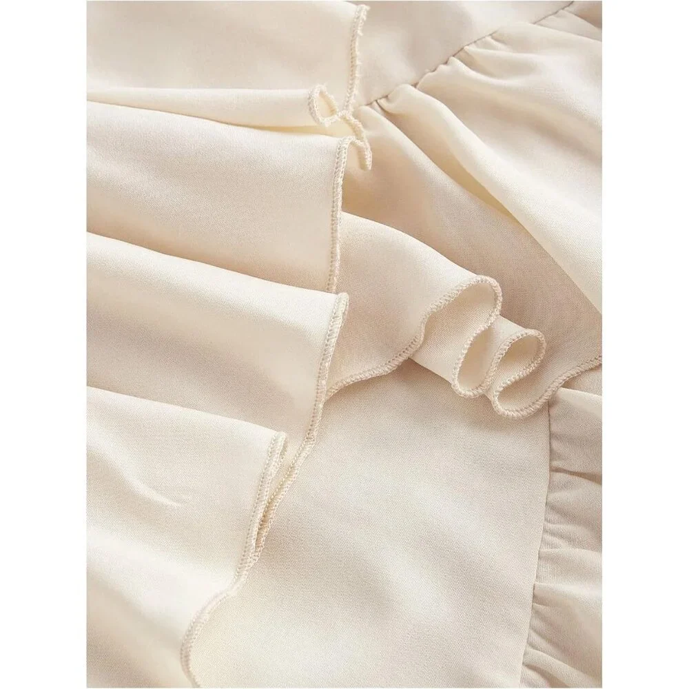 Women's Pure Apricot Layered Ruffle Hem Sleeveless Ruched Long Party Dresses - Picture 4 of 4